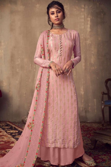 Baby pink Jacquard and silk Sharara Suit