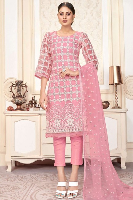 Pink Net Straight Pant Suit
