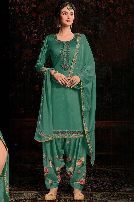 Sea green Cotton and satin Patiala Suit