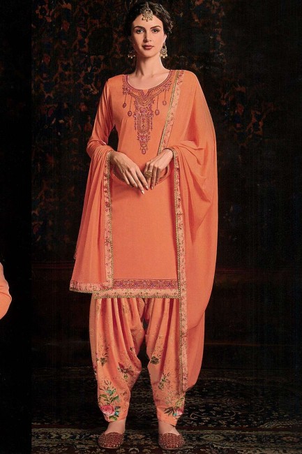 Orange Cotton and satin Patiala Suit