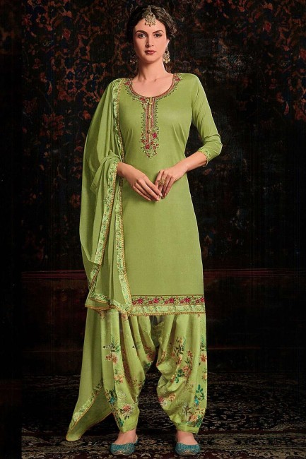 Light green Cotton and satin Patiala Suit
