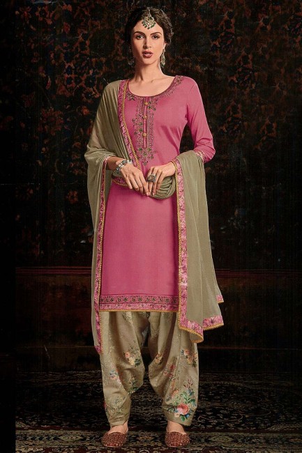 Pink Cotton and satin Patiala Suit