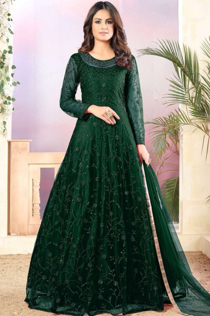Dark green Net Anarkali Suit