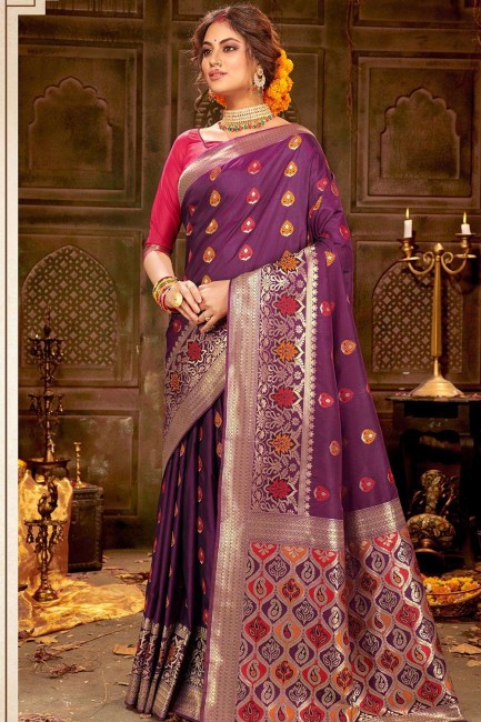Magnificent Purple Art silk Banarasi Saree