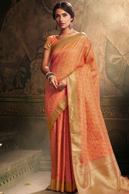 Fascinating Orange Art silk Banarasi Saree