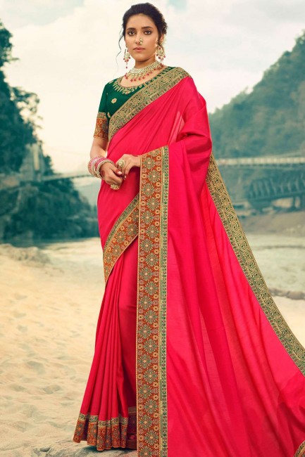 Contemporary Rani pink Jacquard and silk Saree