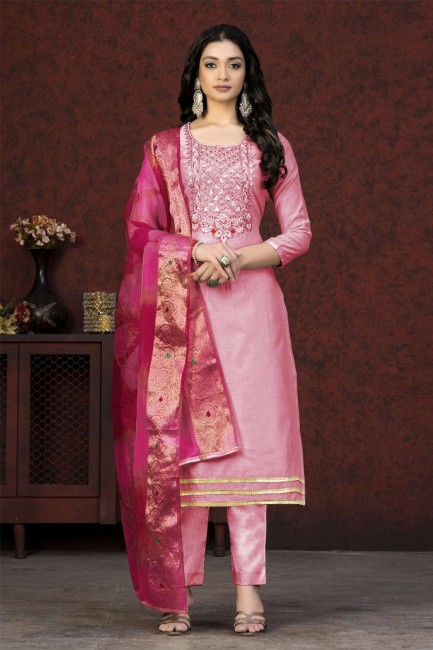 Pink Salwar Kameez with Embroidered Chanderi
