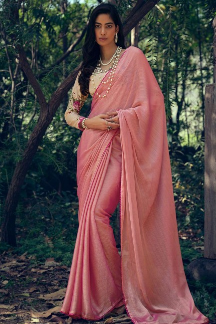 Lace border Art silk Saree in Pink