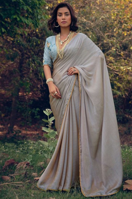 Lace border Art silk Saree in Grey with Blouse