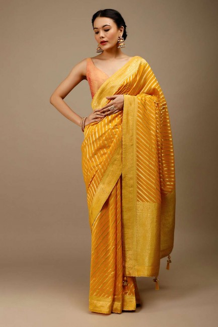 Zari,weaving,lace border Banarasi silk Party Wear Saree in Mustard with Blouse
