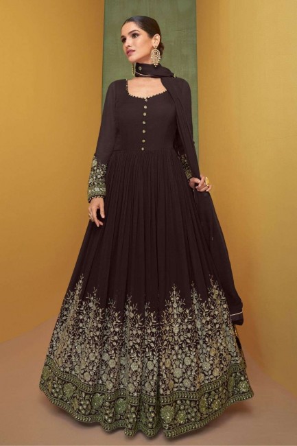 Brown Embroidered Anarkali Suit in Georgette
