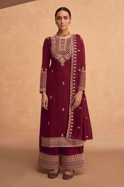 Red Georgette Palazzo Suit with Embroidered