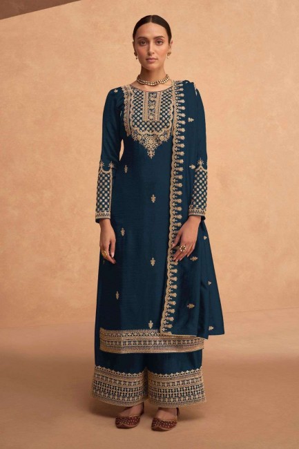 Georgette Palazzo  Suit with Embroidered in Aqua blue