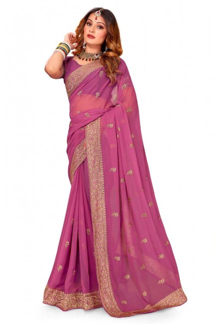 Thread,embroidered,lace border Georgette Party Wear Saree in Dusty gajari  with Blouse
