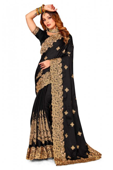 Zari,embroidered,lace border Satin Saree in Black with Blouse