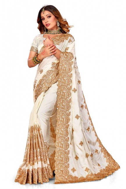 Zari,embroidered,lace border Satin Wedding Saree in Off white