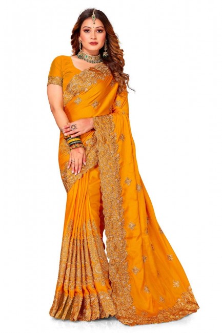 Wedding Saree in Mustrd  Satin with Zari,embroidered,lace border