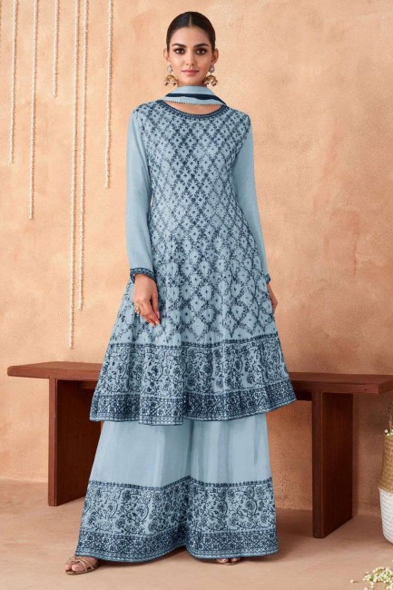 Embroidered Palazzo Suit in Sky blue Georgette