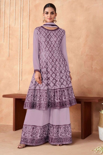 Georgette Palazzo Suit in Lavender with Embroidered