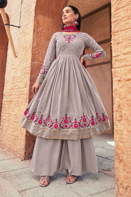 Georgette Embroidered Grey Palazzo Suit with Dupatta