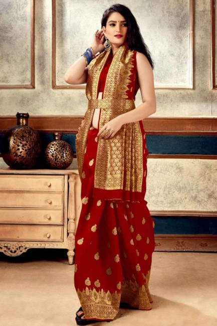 Zari,weaving Banarasi silk Red Banarasi Saree with Blouse