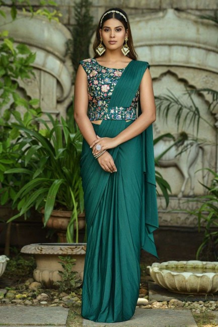 Embroidered Lycra Saree in Green