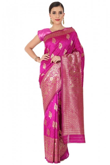 Hot pink Silk Saree with Weaving