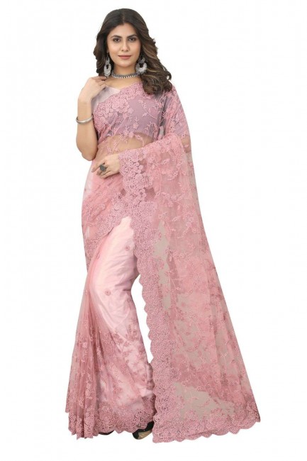 Embroidered Net Dusty pink Wedding Saree with Blouse