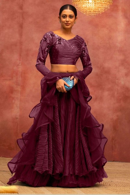 Embroidered Net Party Lehenga Choli in Wine