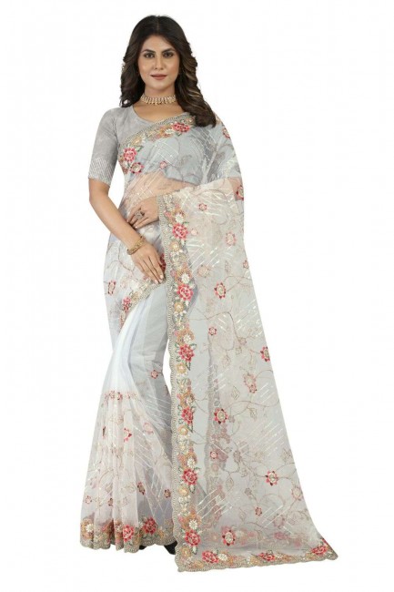 Embroidered Net White Wedding Saree with Blouse