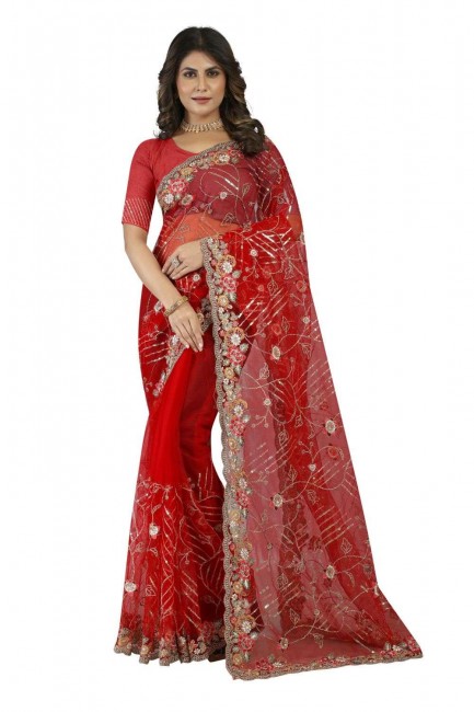 Net Red Wedding Saree in Embroidered