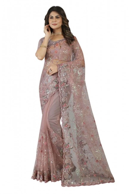 Embroidered Dusty lavender  Wedding Saree in Net