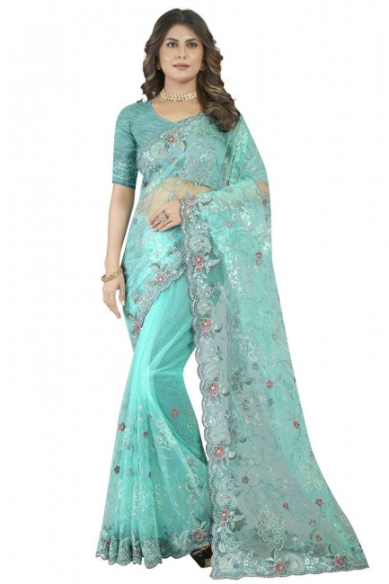 Dusty sky  Wedding Saree in Embroidered Net
