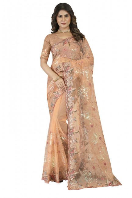 Net Embroidered Dusty peach Wedding Saree with Blouse