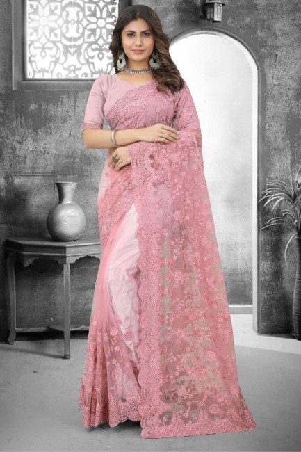 Net Dusty pink Embroidered Wedding Saree with Blouse