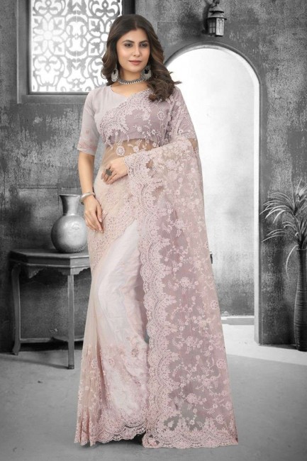 Dusty peach Wedding Saree with Embroidered Net