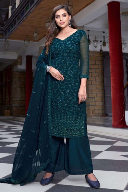 Teal Embroidered Viscose Palazzo Suit