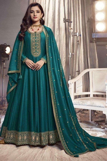Anarkali Suit in Rama  Art silk with Embroidered