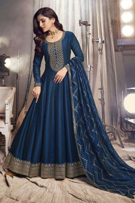 Blue  Art silk Anarkali Suit with Embroidered