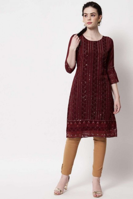 Brown Straight Kurti in Georgette with Sequins