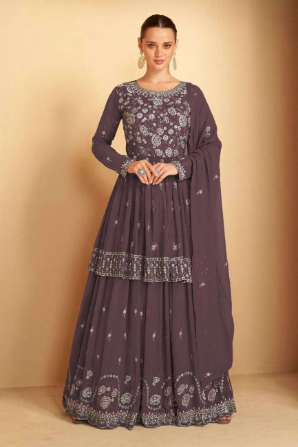 Mauve Lehenga Suit in Embroidered Georgette