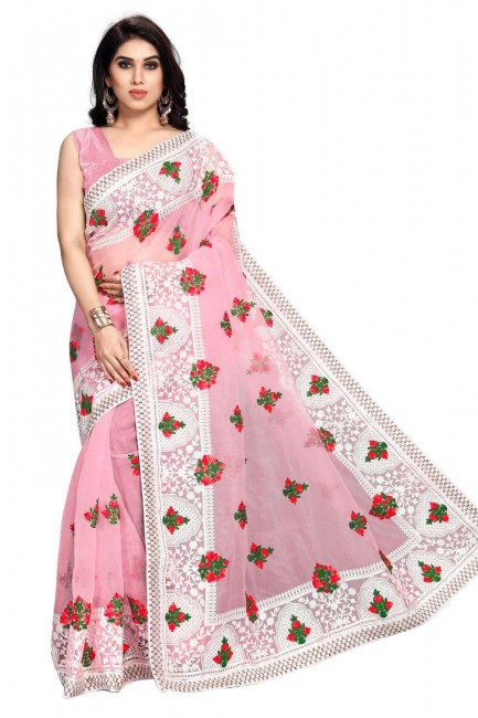 Pink Saree in Printed Organza