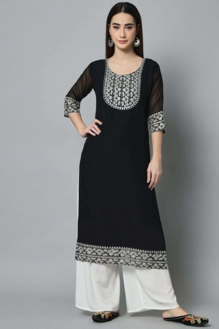 Black Palazzo Kurti with Embroidered Georgette