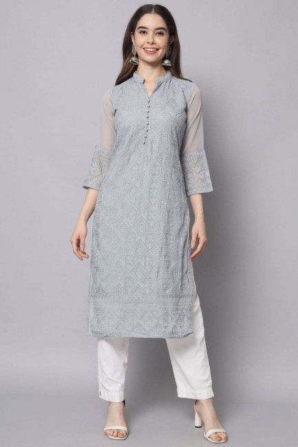 Grey Embroidered Straight Kurti in Georgette