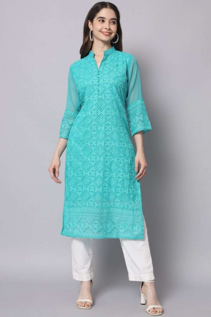 Georgette Straight Kurti with Embroidered in Turquoise