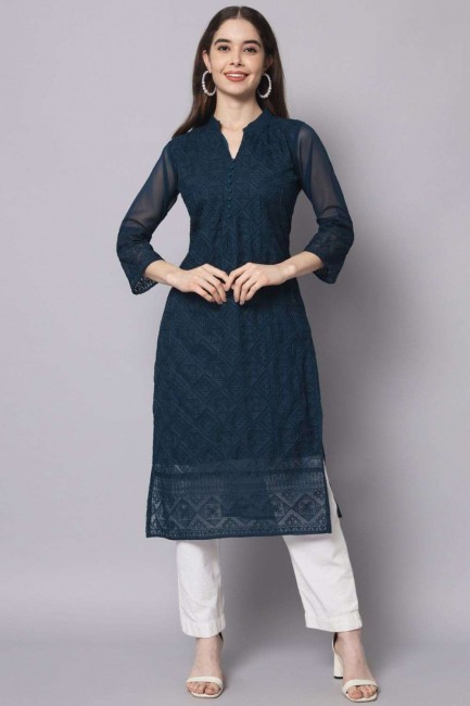 Georgette Embroidered Teal blue Straight Kurti with Dupatta