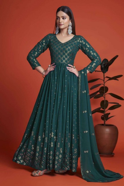 Georgette Gown Dress with Embroidered in Rama blue
