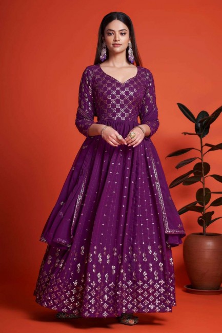 Georgette Gown Dress in Purple with Embroidered