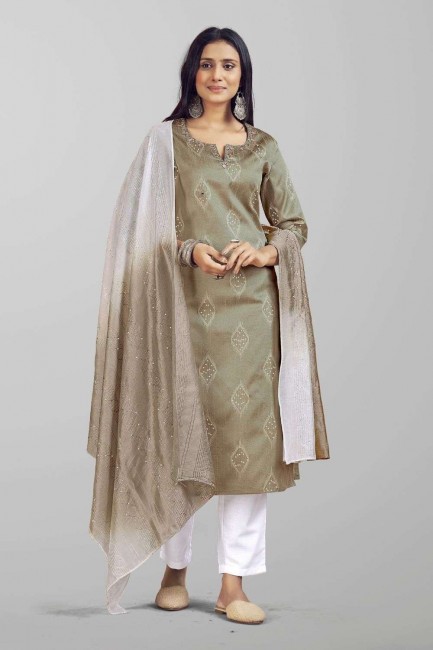 Silk Khaki  Salwar Kameez in Weaving