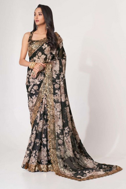 Black Saree with Sequins,embroidered,digital print Organza